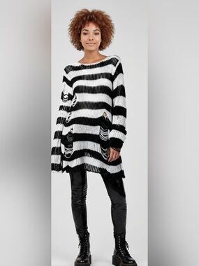 Grunge Sweater Y2K Striped Ripped Pullover Distressed Oversized Fuzzy Crewneck